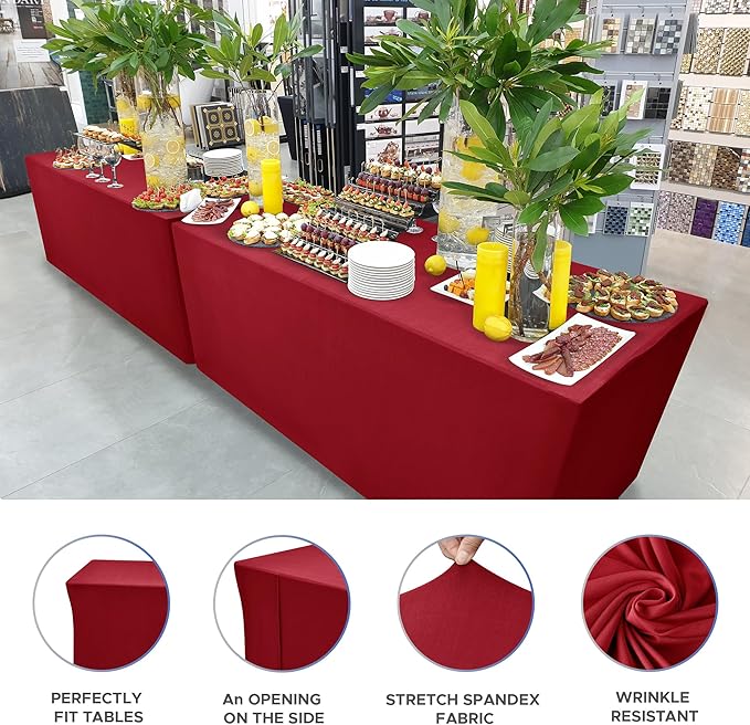 Nasitos Fitted Red Tablecloths for 6 Foot Tables - 72 x 30 Inch - 4 Pack Stretch Spandex Rectangle Table Clothes, Wrinkle Resistant Table Covers for Parties, Trade Show, Craft Show, Birthday