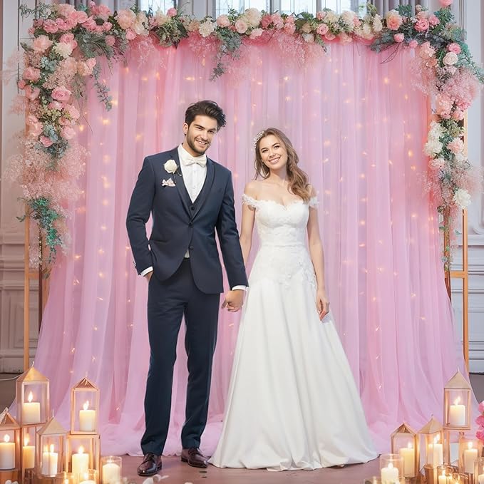 20×10ft Pink Tulle Backdrop Curtain with Lights String for Parties, Sheer Photo Backdrop Curtains for Wedding Party Photography Background