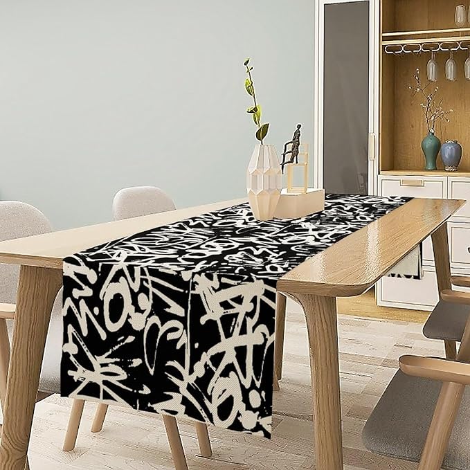 Graffiti Table Runner,Black White Abstract Messy Art Theme Pattern Print Tablecloth Burlap for Hotel Indoors Outdoor Dining Room Kitchen Home Decor,W13X L70 in