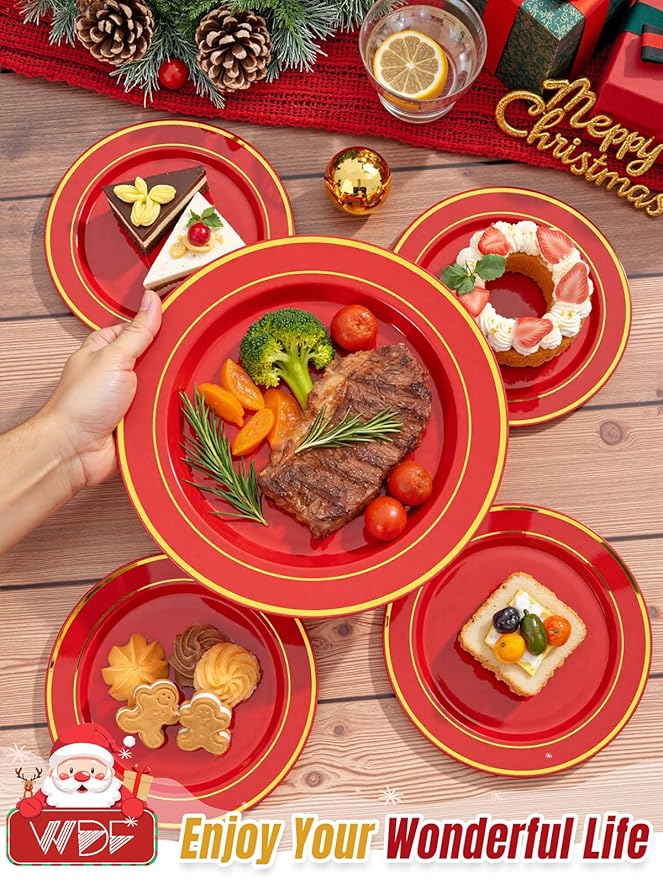 350Pieces Christmas Plates with Gold Plastic Silverware - Red Plastic Plates with Gold Rim Include 50Dinner Plate 10”, 50Dessert Plate 7”, 50 gold Cups 9 OZ, 50 Pre Rolled Napkins for Christmas/Party