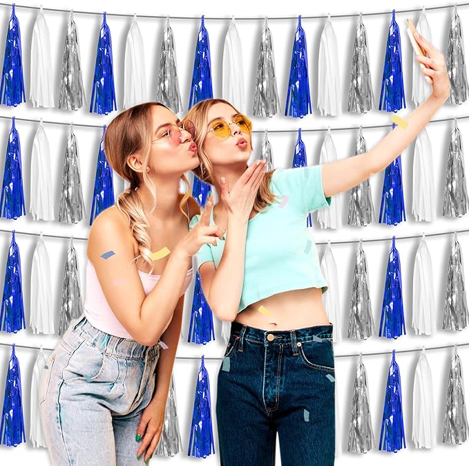 4P Navy Blue White Silver Foil Fringe Tassel Banner Garland Metallic Tinsel Streamers Wall Hanging Curtain Backdrop Banner for Parade Floats, 2024 Graduation Decorations, Retirement Party Decorations