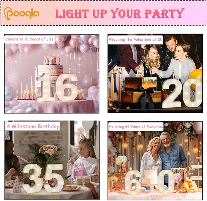 Pooqla Decorative LED Light Up Number Letters, White Plastic Marquee Number Lights Sign for Wedding Decor, Battery Operated (29)