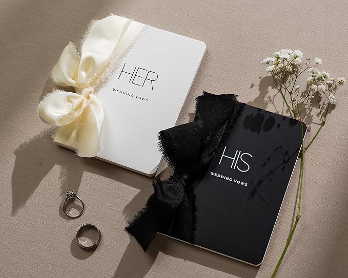 Black White His Her Slim Vow Books w/Ribbon (Set of 2) - 5.625 x 4" Minimalist Pocket Sized Modern Wedding Ceremony Vow Renewal Speech Notebook Journal