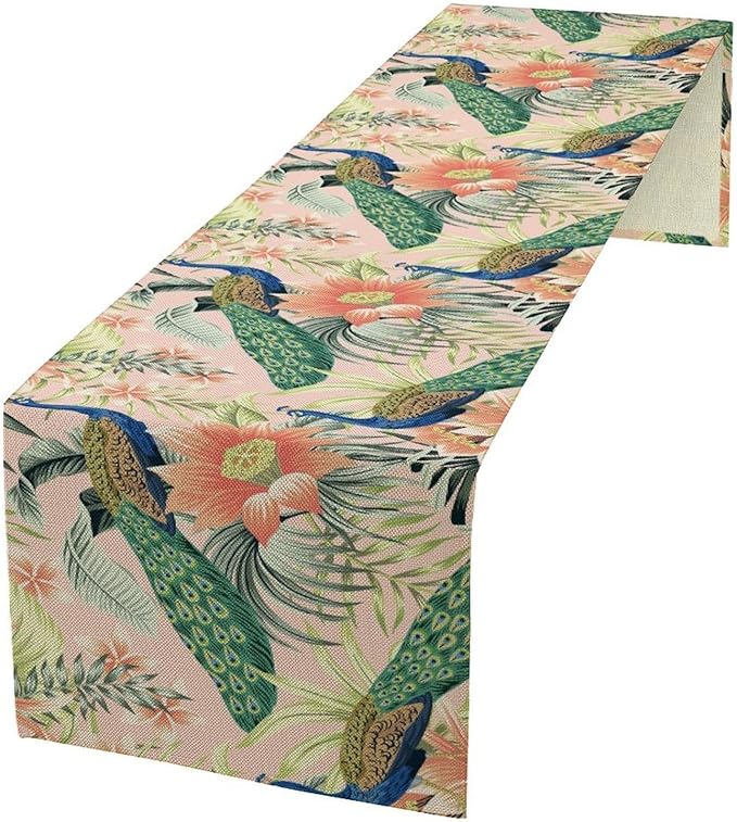 Peacock Table Runner,Pink Flower Peacock Birds Table Runner for Home Kitchen Dining Party Indoor Outdoor Decoration 13x70 Inch