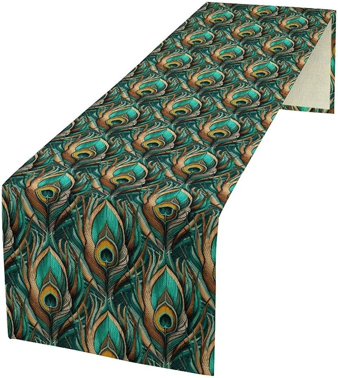 Peacock Feather Table Runner,Retro Aesthetic Green Table Runner for Home Kitchen Dining Party Indoor Outdoor Decoration 13x70 Inch