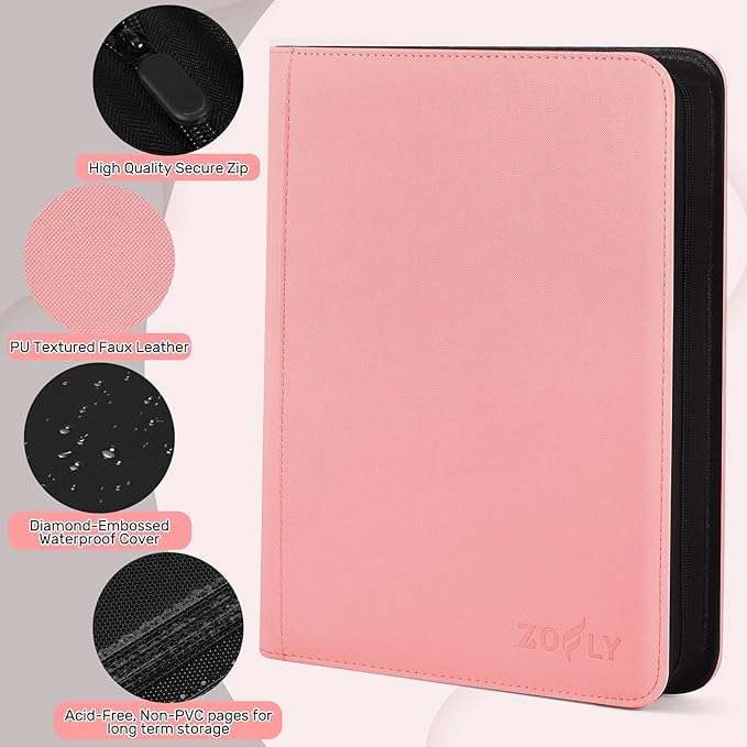 30 Pack 9 Pocket Card Binder, Premium Zip Trading Card Binder, 540 Large Capacity Side-Loading Card Storage Album, PU Card Collection Binder for Gifts, TCG, MTG, Baseball Football Sport Cards, Pink