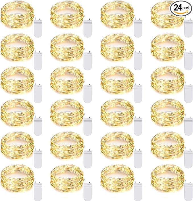 24 Pack LED Fairy Lights Battery Operated 7Ft 20Led Warm White Mini String Lights Waterproof Christmas Lights for Mason Jars Bedroom DIY Party Wedding Christmas Decor