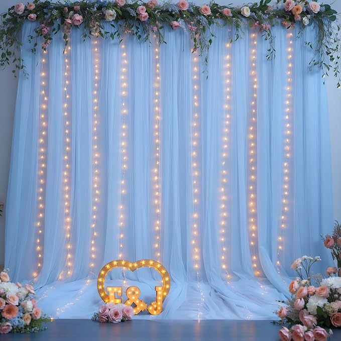 10x10ft Baby Blue Tulle Backdrop Curtains with Lights for Party Wedding Baby Shower, Sheer Wrinkle Free Backdrop Curtains for Birthday Party Photo Booth Background Decoration