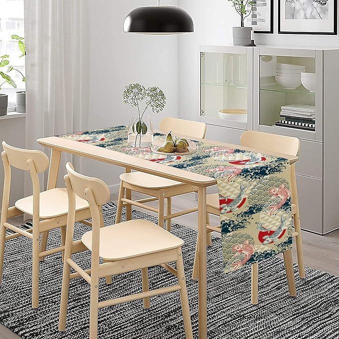 Japanese Table Runner Oriental Tradition Kio Fish Art Printed Burlap Runner Home Kitchen Dining Table Living Room Decor Fabric 1 Panel W13xL70in