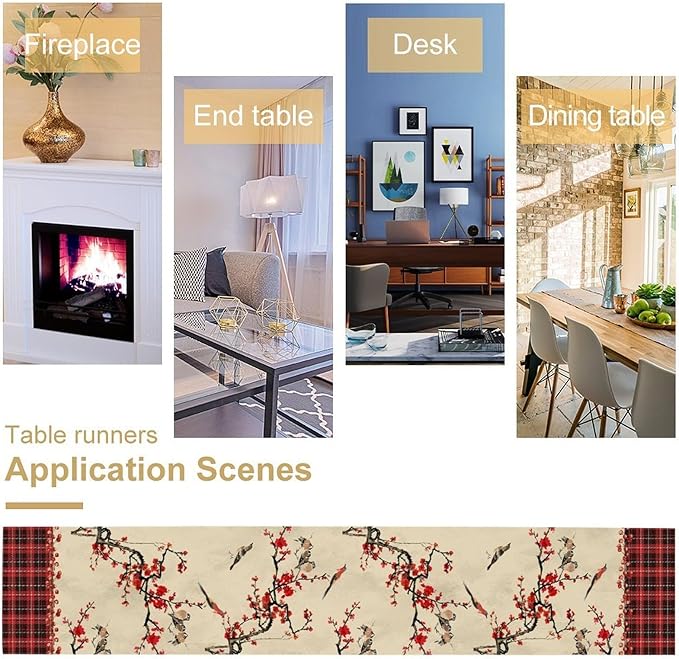 Bird Table Runner,Red Black Buffalo Plaid Blossom Seasonal Table Runner for Kitchen Dining Table Decoration Home Party Decor 13x60 Inch