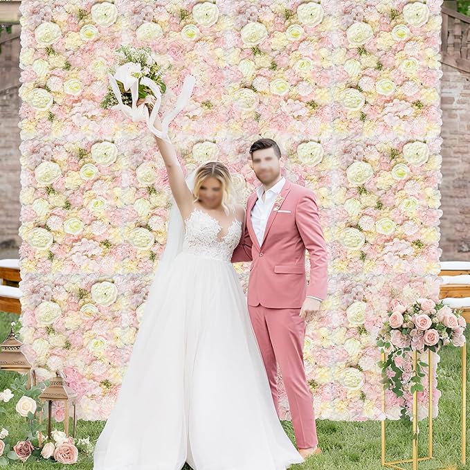 Artificial 3D Flower Wall Panel for Backdrop 24x16 inches 12 Pcs Light Pink Faux Roses Artificial Flower Backdrop for Wedding Party Bridal Baby Shower Decor