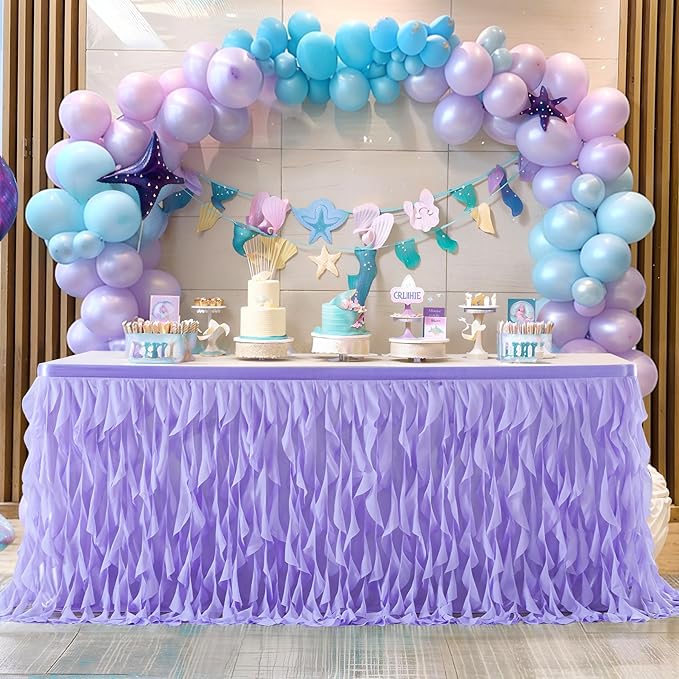 PARTISKY Lavender Purple Tulle Curly Willow Table Skirt for Rectangle Table 17ft, Ruffle Tutu Table Cloth for Girls Boys Baby Shower,Mermaid Birthday Party