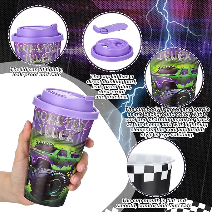 Yungyan 36 Sets Green Purple Monster Truck Party Favors Goodie Cups with Lids and Straws for Halloween Party Decorations Reusable 16oz Plastic Candy Cups Plastic Straws for Birthday Gift(Truck)