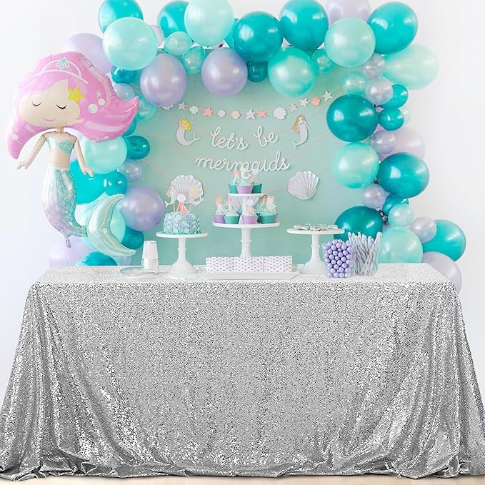 OQSQ Silver Sequin Tablecloth 50x80 inch, Sparkle Sequence Table Cover Glitter Drape Table Cloth Decorations Wedding Birthday Party