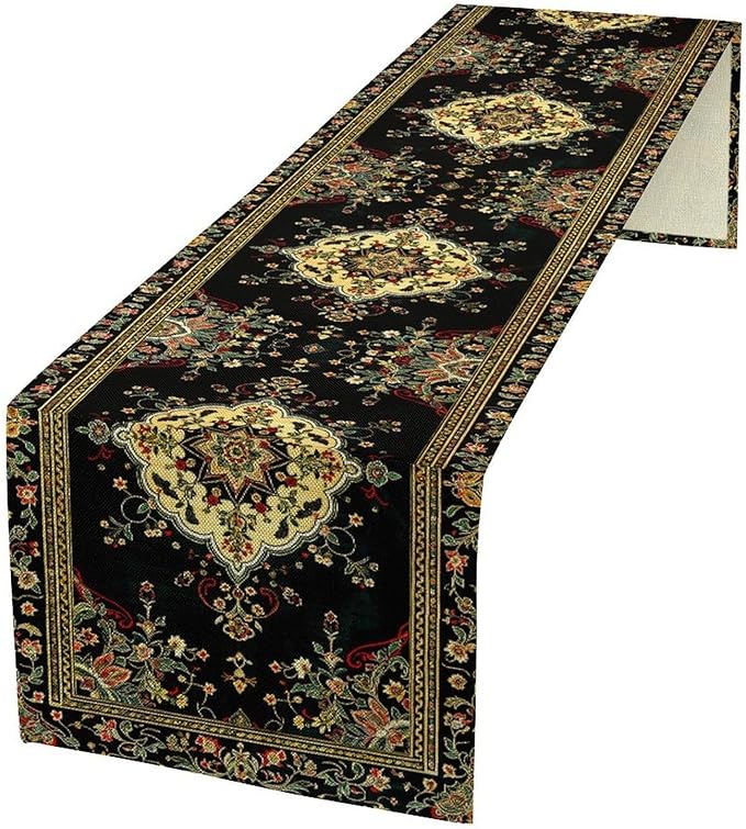 Colorful Boho Flower Table Runner, Vintage Rustic Farmhouse Paisley Hand Drawing Print Pattern for Home Kitchen Table Decor Dining Coffee Room Garden Party Decor 13x90in