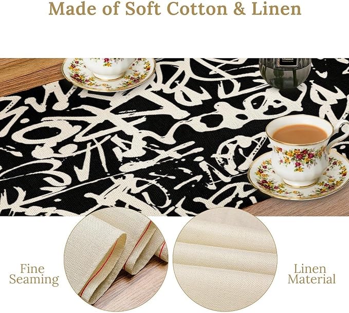 Graffiti Table Runner,Black White Abstract Messy Art Theme Pattern Print Tablecloth Burlap for Hotel Indoors Outdoor Dining Room Kitchen Home Decor,W13X L70 in