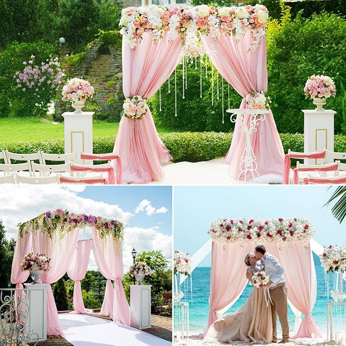 4 Panels Wedding Arch Draping Fabric 28" x 20Ft Wedding Arch Drapes Chiffon Fabric Drape Sheer Backdrop Curtain for Nuptials Birthday Party Swag Ceremony Arbor Drapery Reception Ceiling Decor(Pink)