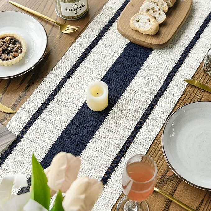 Artoid Mode Dark Blue Farmhouse Woven Rustic Table Runner, Seasonal Holiday Hollow Kitchen Dining Table Decoration for Home Party Decor 12x48 Inch