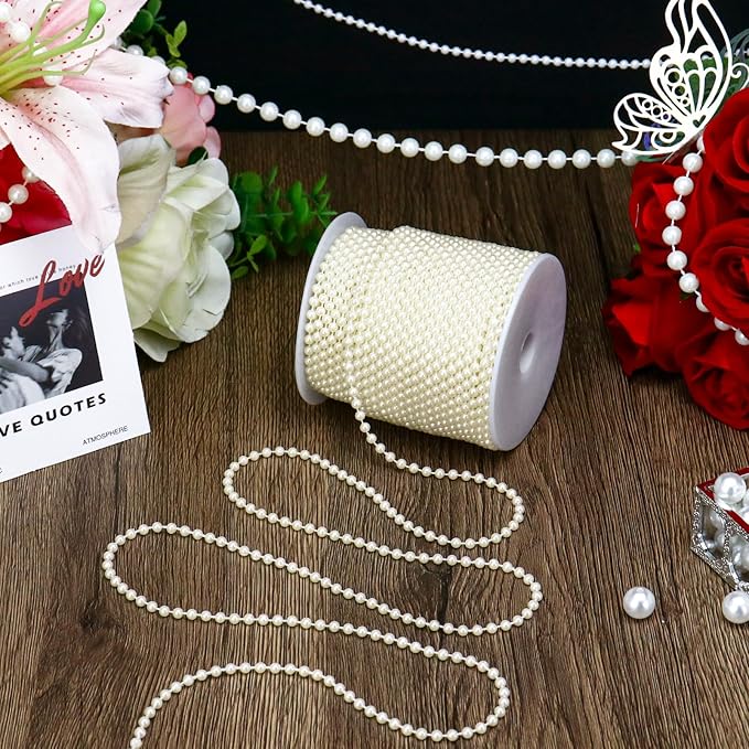 99 Feet 4mm Faux Pearl String Garland for Crafts, Artificial Pearl Beaded Trim Chain Strands for Wedding Centerpieces Bouquet Party Christmas Tree Decoration, Ivory