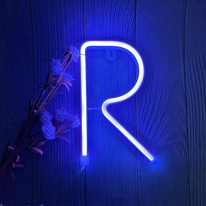 ENUOLI Blue LED Neon Letter Light, USB Batteries Operated Letter Sign for Night Light Lamp Words for Valentines Day, Home, Indoor Wall Decor (R)