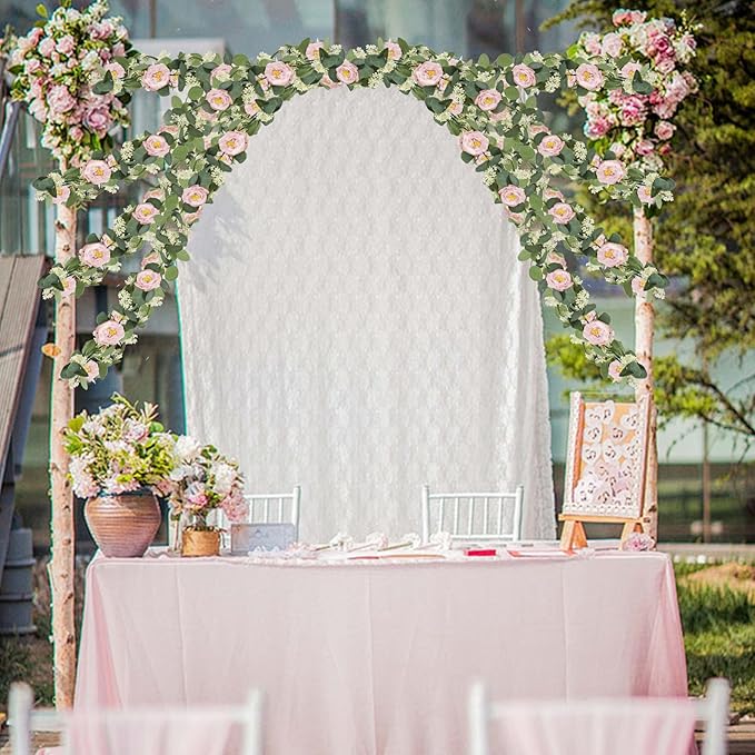 MAKHOT 2 Pcs Pink 6.6Ft Artificial Eucalyptus Flower Garland with Fake Rose Flower Vine Seeded Eucalyptus Leaves Greenery Garland for Wedding Table Backdrop Party Centerpiece Room Decor (Pink)
