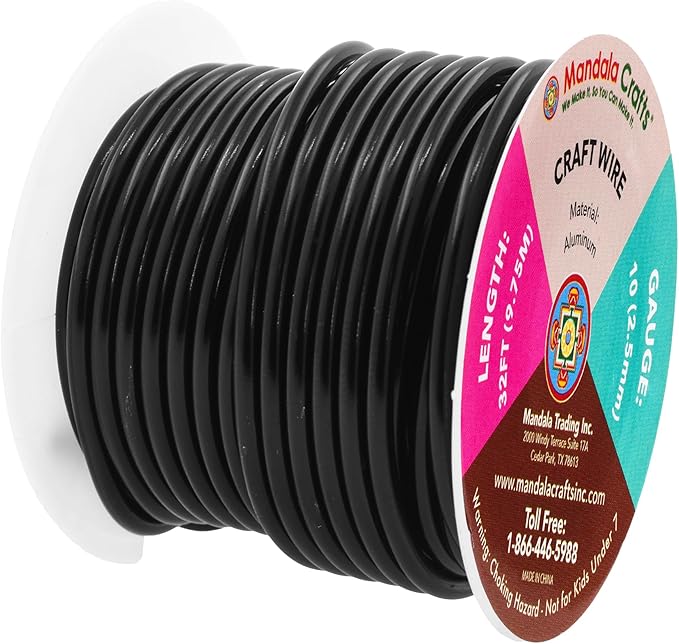 Mandala Crafts 10 Gauge Anodized Aluminum Craft Wire for Jewelry Making - 32 FT Colored Flexible Black Wire - Bendable for Bonsai Armature Crafting Sculpting