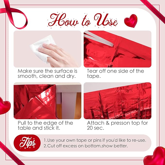 2 Pack Red Table Skirts, 29x108" Metallic Foil Tinsel Fringe Table Skirts for Rectangle Tables Streamer Curtains Backdrop, Party Decorations for Birthdays Weddings Holidays