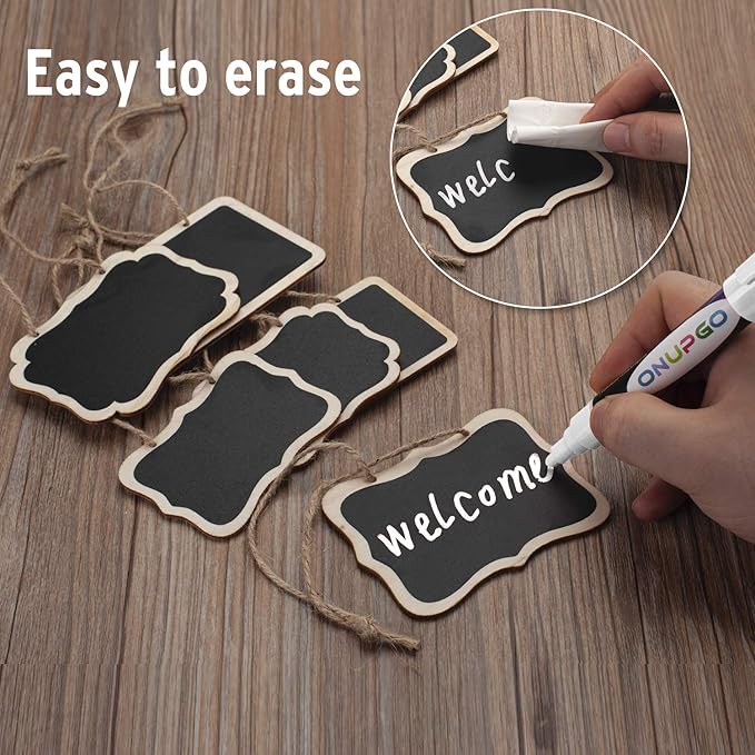 ONUPGO 16 Pack Chalkboard Tags with Liquid Chalk Marker, Double Sided Blackboard with Hanging String, Wooden Mini Erasable Chalkboard Signs, Hanging Chalkboard Labels, Price Tags, Message Tags