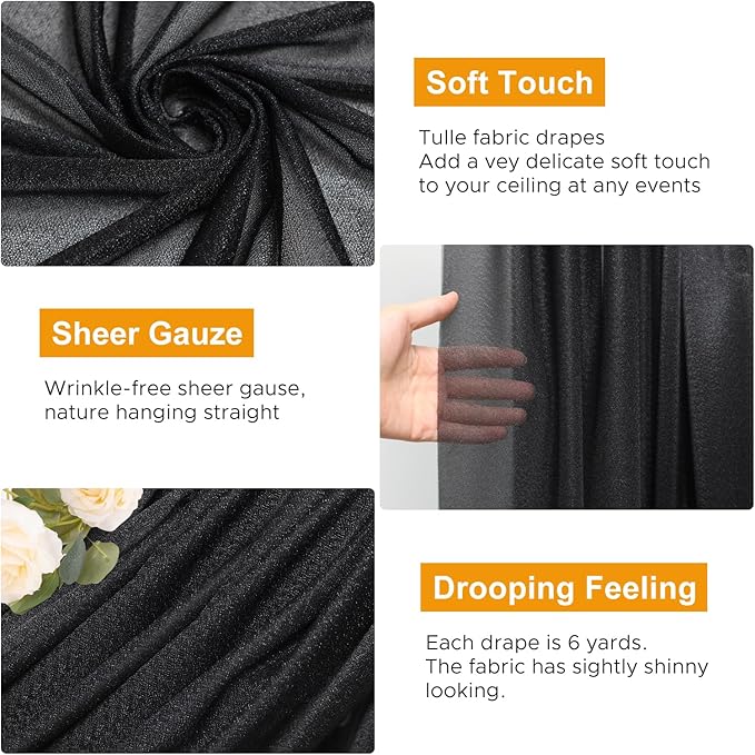Wedding Arch Draping Fabric 4 Panels 28.7" x 20FT Black Sheer Chiffon Backdrop Drapes for Wedding Ceremony Birthday Party Bridal Shower Outdoor Decoration