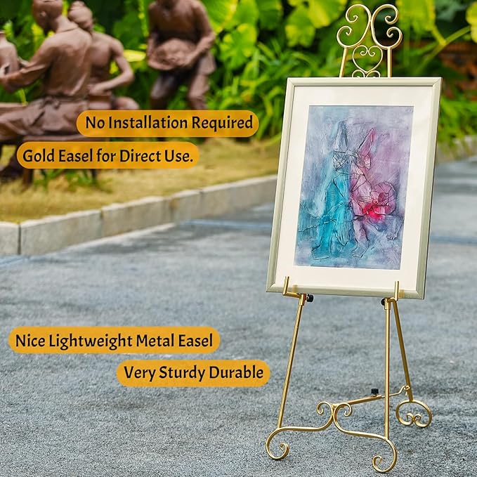 Metal Large Free Standing Adjustable Display Stand Scroll Easel with Chain Support, Gold Easel Stand for Sign, Heavy Duty Easel for Mirror, Wedding, Picture Frame (No Installation Required)