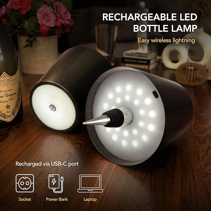 Wireless Bottle Lamp for Any Type of Bottle - LED Bottle Lamp for Indoor & Outdoor - 100% Waterproof - Adjustable Brightness and Light Temperature 3000-6000K - Wireless & Rechargeable (Gold)