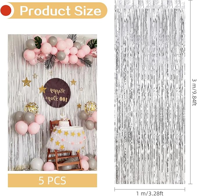 5 Pack Silver Foil Curtain Backdrop 3.2ft x 9.8ft Metallic Tinsel Foil Fringe Curtains Streamer Photo Booth Backdrop for Birthday Party Engagement Bachelorette Party Decorations (Silver)