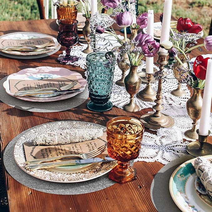 50 Pieces Silver Glitter Paper Place Mats Sparkle Round Disposable Table Mats Silver Sequin Doilies Decorative Placemats for Wedding Banquet Party Home Dining Tableware