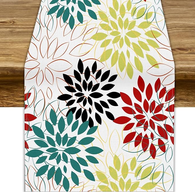 Abstract Red Dahlia Vintage Table Runner, Geometric Lines Mid Century Vintage Modern Colorful Table Runner for Party Kitchen Dining Living Room Laundry Room Decor, 13x70 Inch