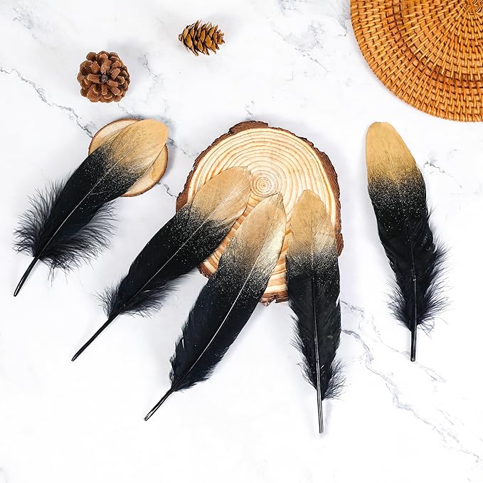 Larryhot Dipped Gold & Black Goose Feathers for Crafts - 6-8 inch 60 pcs Natural Feathers for Wedding Party Decorations,DIY Crafts and Clothing Accessories (Gold & Black)