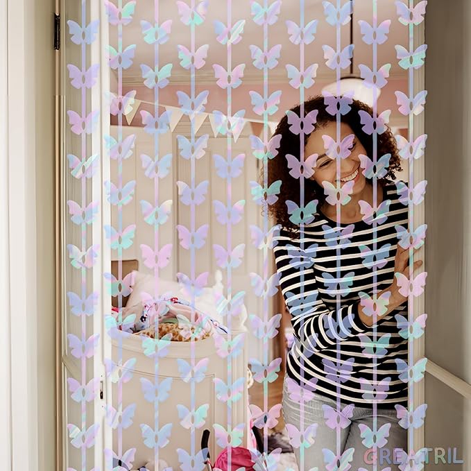 Iridescent Butterfly Fringe Party Backdrop - GREATRIL Fairy Streamers for Butterfly Princess Themed Birthdays Party Decoration - 3.2ft x 6.5ft - 2 Packs