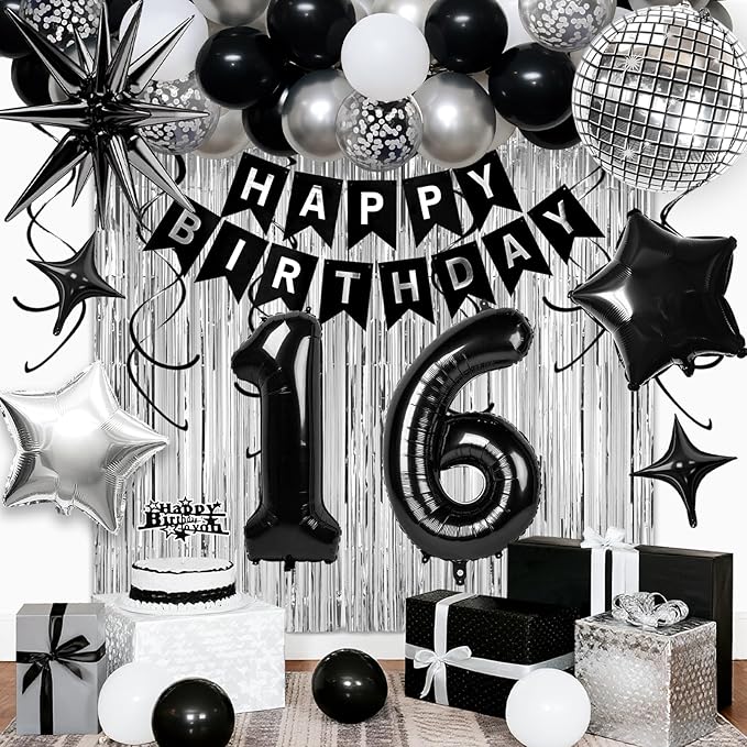 16th Birthday Decorations for Boys Girls, Black Silver Happy Birthday Party Decorations， 16 Year Old Party Supplies with Number 16 Balloons, Banner, Fringe Curtains Kit