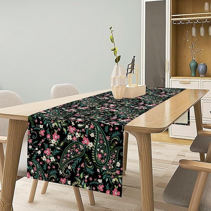 Paisley Table Runner, Abstract Vintage Boho Pink Paisley Flowers Green Teal Leaves Print Table Runner for Dinning Holiday Party Indoor Outdoor Decor, 13x120inch