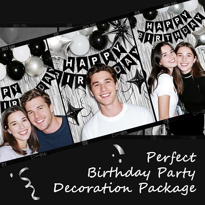 12th Birthday Decorations for Boys Girls, Black Silver Happy Birthday Party Decorations， 12 Year Old Party Supplies with Number 12 Balloons, Banner, Fringe Curtains Kit