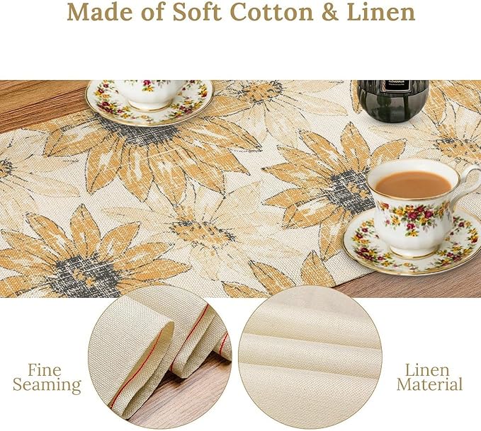 Chrysanthemum Vintage Floral Table Runner, Elegant Grunge Orange Sunflower Spring Summer Elegant Pattern Artichokes Flower Table Runner for Party Kitchen Dining Living Room Decor, 13x108 Inch