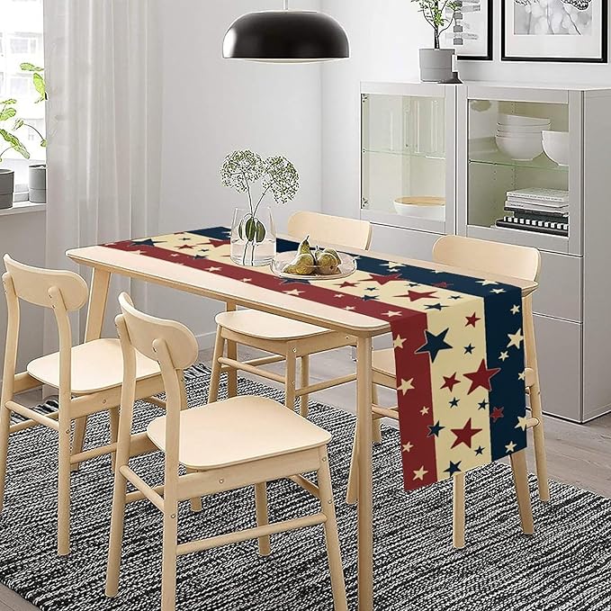 Memorial Day Table Runner, 4th of July American Patriotic Independence Day Stars Stripes Print Table Runne for Summer Holiday USA Home Decoration Party,13x60inch