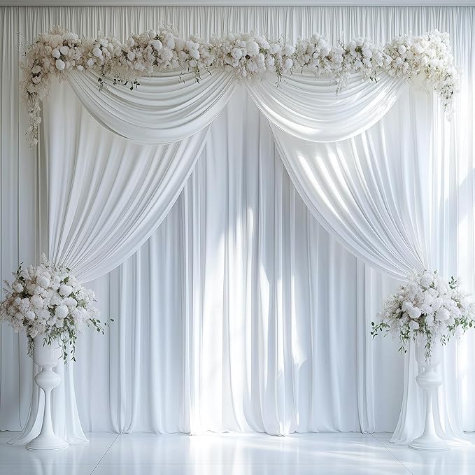 30ftx16FT Wrinkle Free White Backdrop Curtain, 6 Panels 16FT Height White Wedding Backdrop Drapes, Silky Polyester Back Drop Cloth for Birthday Photography Background Party Backdrop Draping