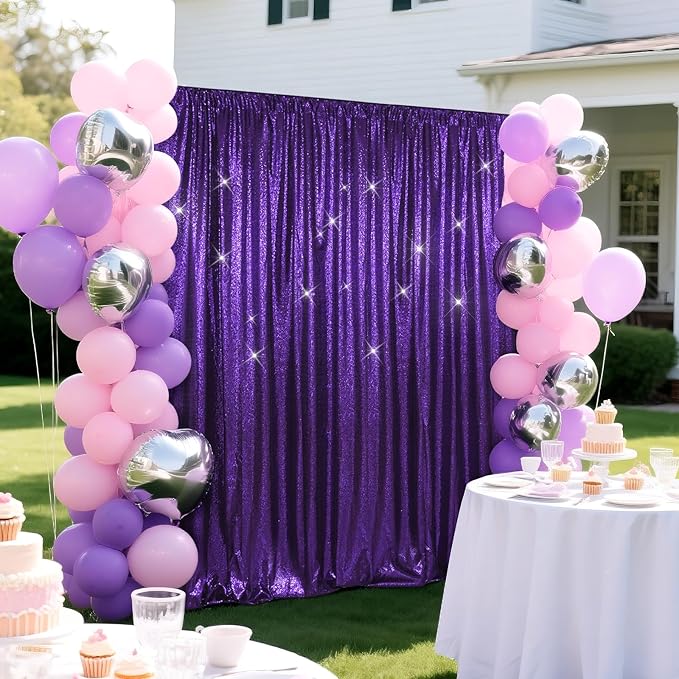 SquarePie Sequin Backdrop Less Transparent Background Sparkly Curtain for Wedding Halloween Party 10FT x 10FT Purple