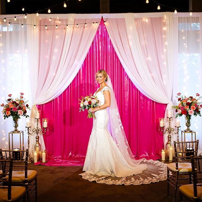10x10ft Shimmer Hot Pink Sequin Backdrop Curtain for Parties, Thick Wrinkle Free Glitter Fuchsia Photo Backdrop Drapes Curtains for Birthday Wedding Halloween Photography Background-2 Panels 5x10ft