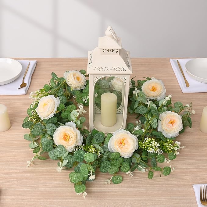 Dolicer 4Pcs 26Ft Artificial Eucalyptus Garlands with Flowers, Faux Floral Greenery Garlands Fake Flowers Vines for Wedding Centerpieces Arch Party Ceremony Backdrop Decor (Champagne)