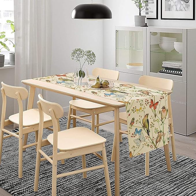 Brown Bird Floral Table Runner Spring Flower Kitchen Table Decoration Suitable for Family Dinner Decoration 13x36 Inch