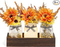 Thanksgiving Mason Jar Centerpiece for Table with LED Lights & Artificial Flowers, Set of 3 Mason Jars Farmhouse Painted Decorative Jars for Fall Home Decor, Kitchen Table Centerpiece