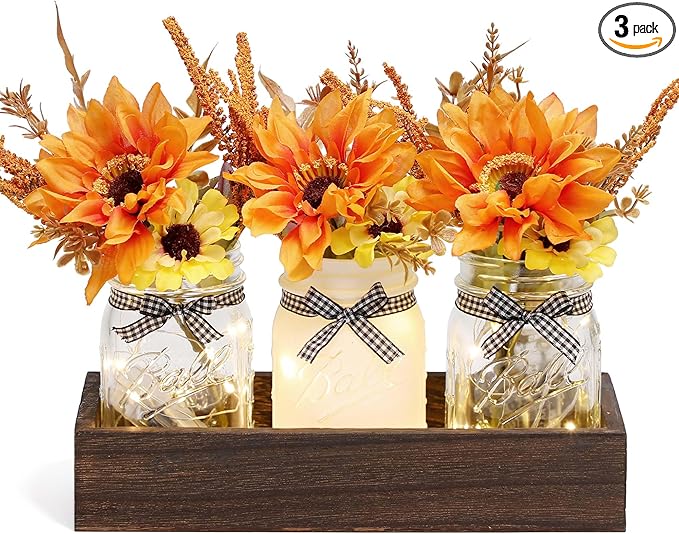Thanksgiving Mason Jar Centerpiece for Table with LED Lights & Artificial Flowers, Set of 3 Mason Jars Farmhouse Painted Decorative Jars for Fall Home Decor, Kitchen Table Centerpiece
