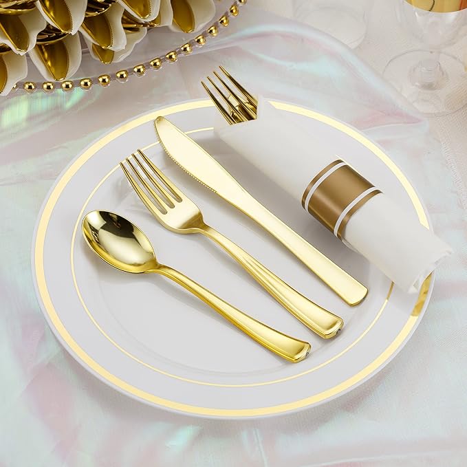50 Pack Pre Rolled Gold Plastic Silverware Set with Napkins,Disposable Wrapped Heavy Duty Cutlery Set for Wedding Birthday Party-50 Forks,Knives,Spoons,Napkins,Utensils Set,Plasticware Bulk