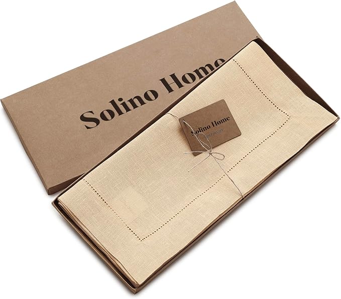 Solino Home Linen Beige Table Runner 72 Inches Long - 100% Pure Linen Hemstitch Table Runner 14 x 72 Inch for Dresser, Dining, Fall, Autumn, Halloween, Thanksgiving, Christmas - Classic Hemstitch